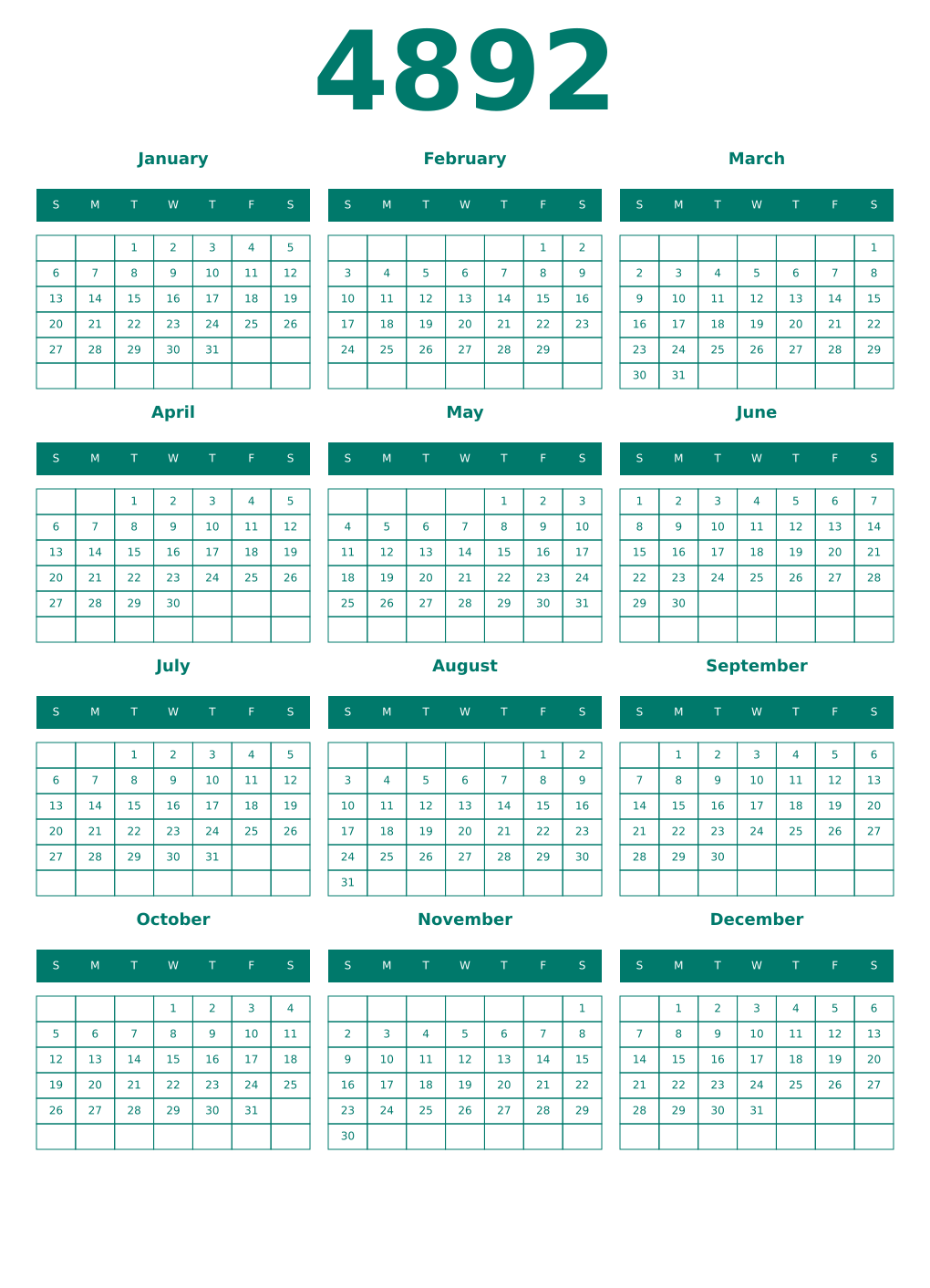 Printable 4892 Year Calendars pastel