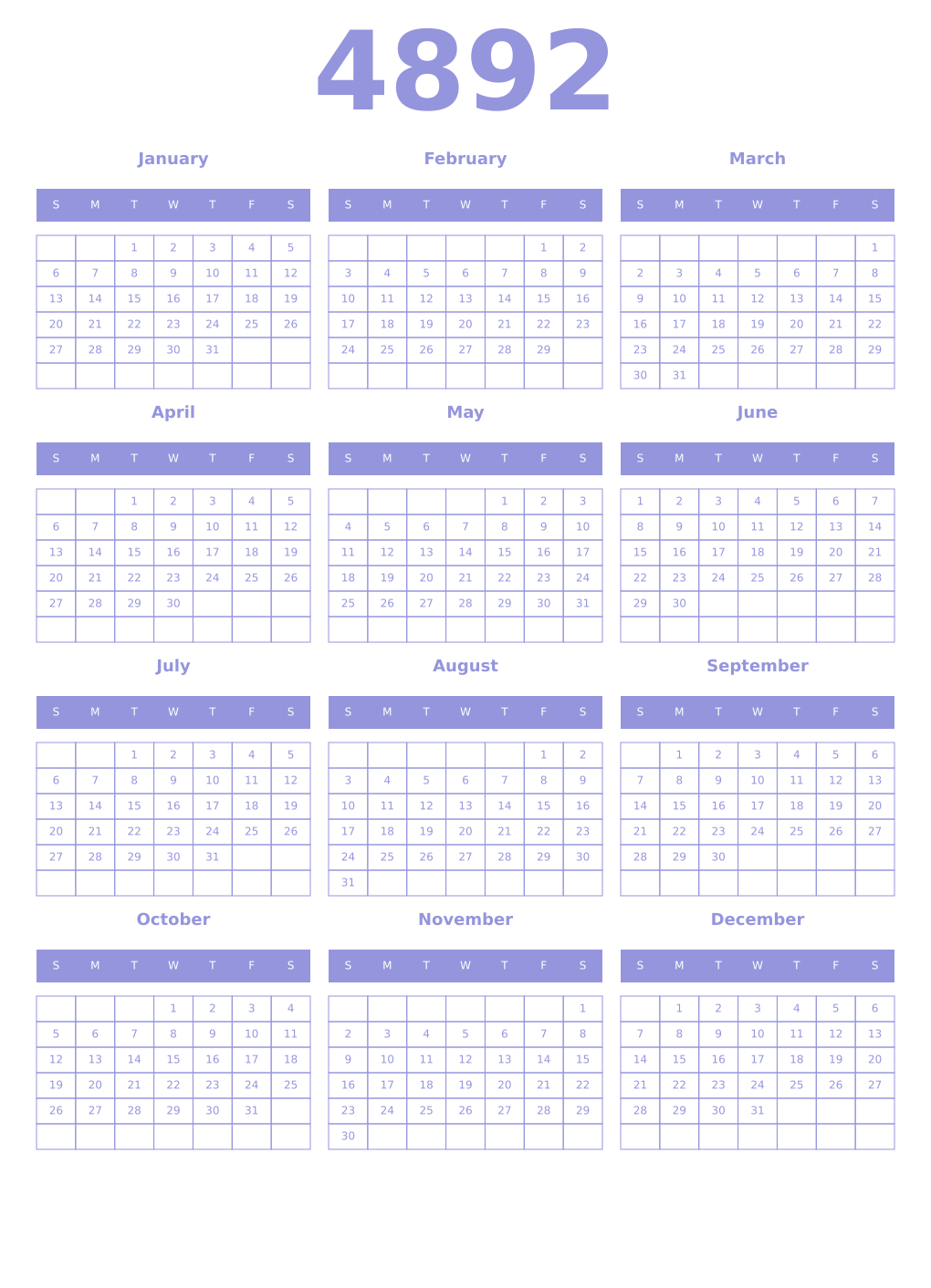 Printable 4892 Year Calendars periwinkle