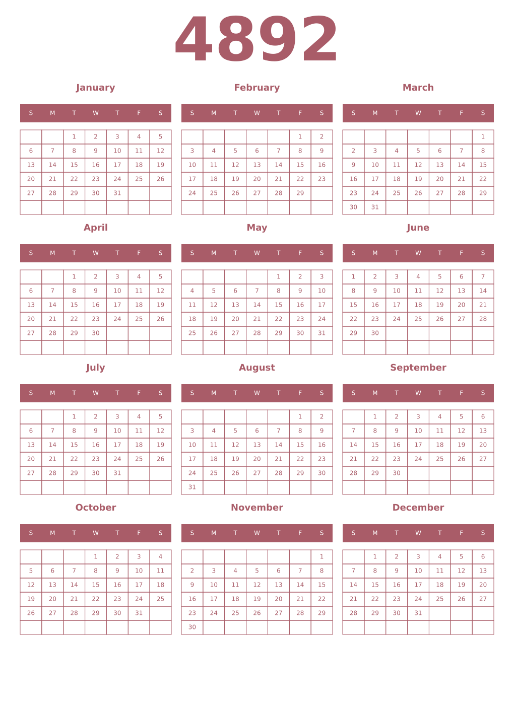 Printable 4892 Year Calendars puce
