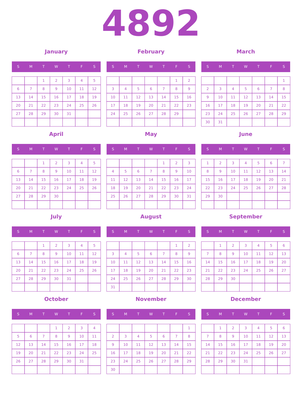 Printable 4892 Year Calendars purple