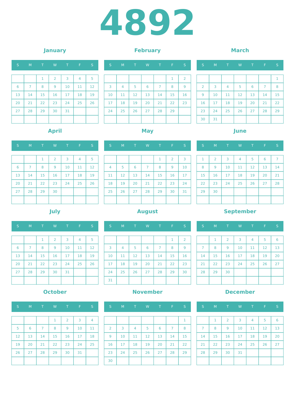Printable 4892 Year Calendars verdigris