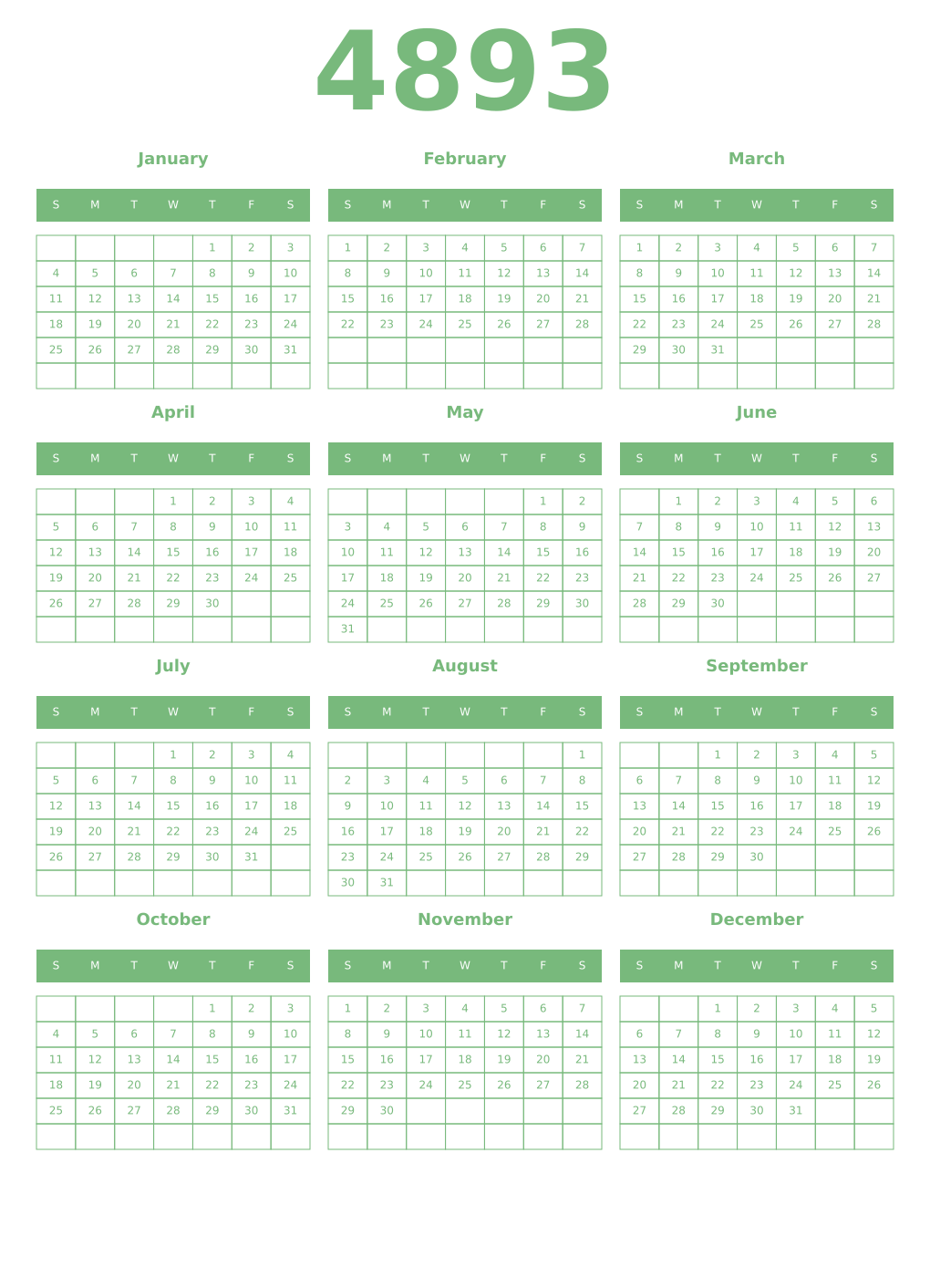 Printable 4893 Year Calendars celadon