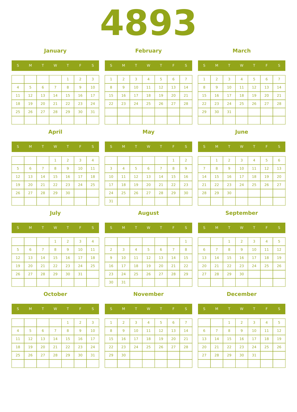 Printable 4893 Year Calendars chartreuse
