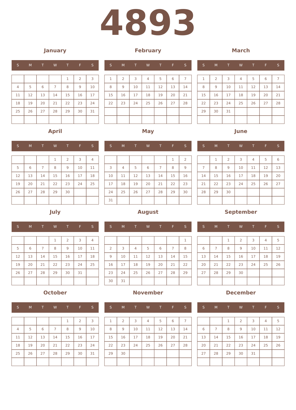 Printable 4893 Year Calendars coffe