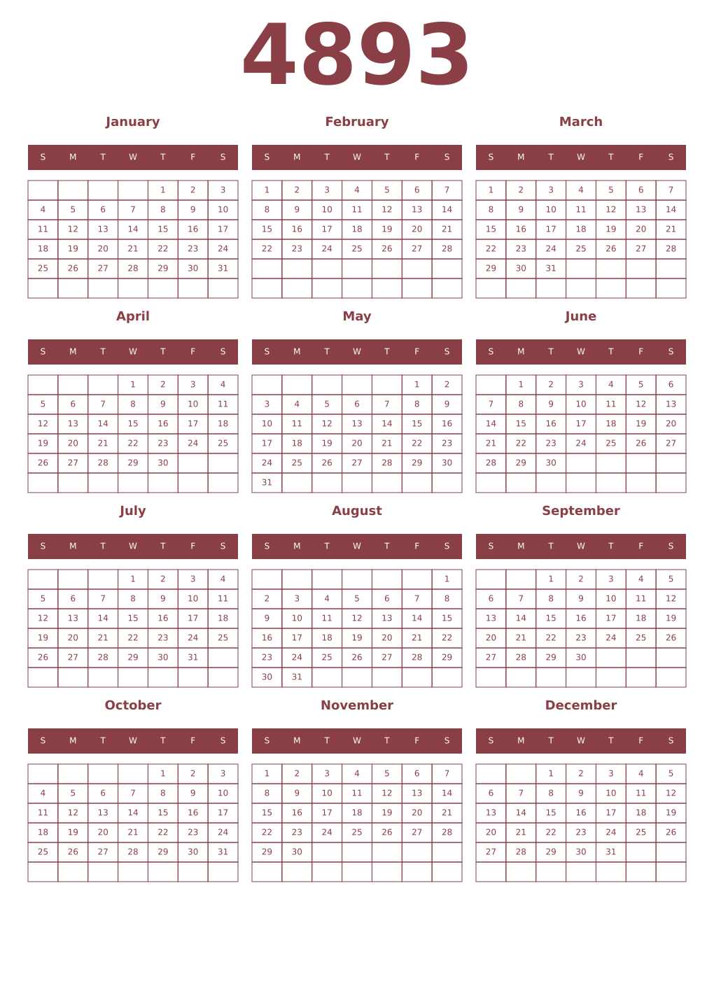 Printable 4893 Year Calendars cordovan