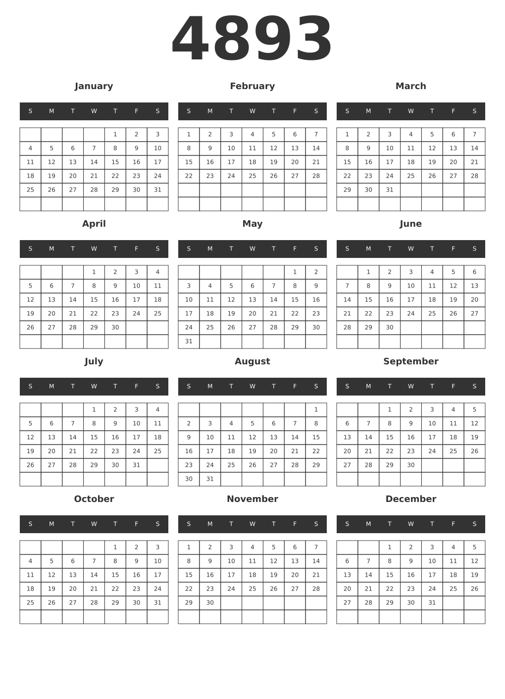 Printable 4893 Year Calendars dark
