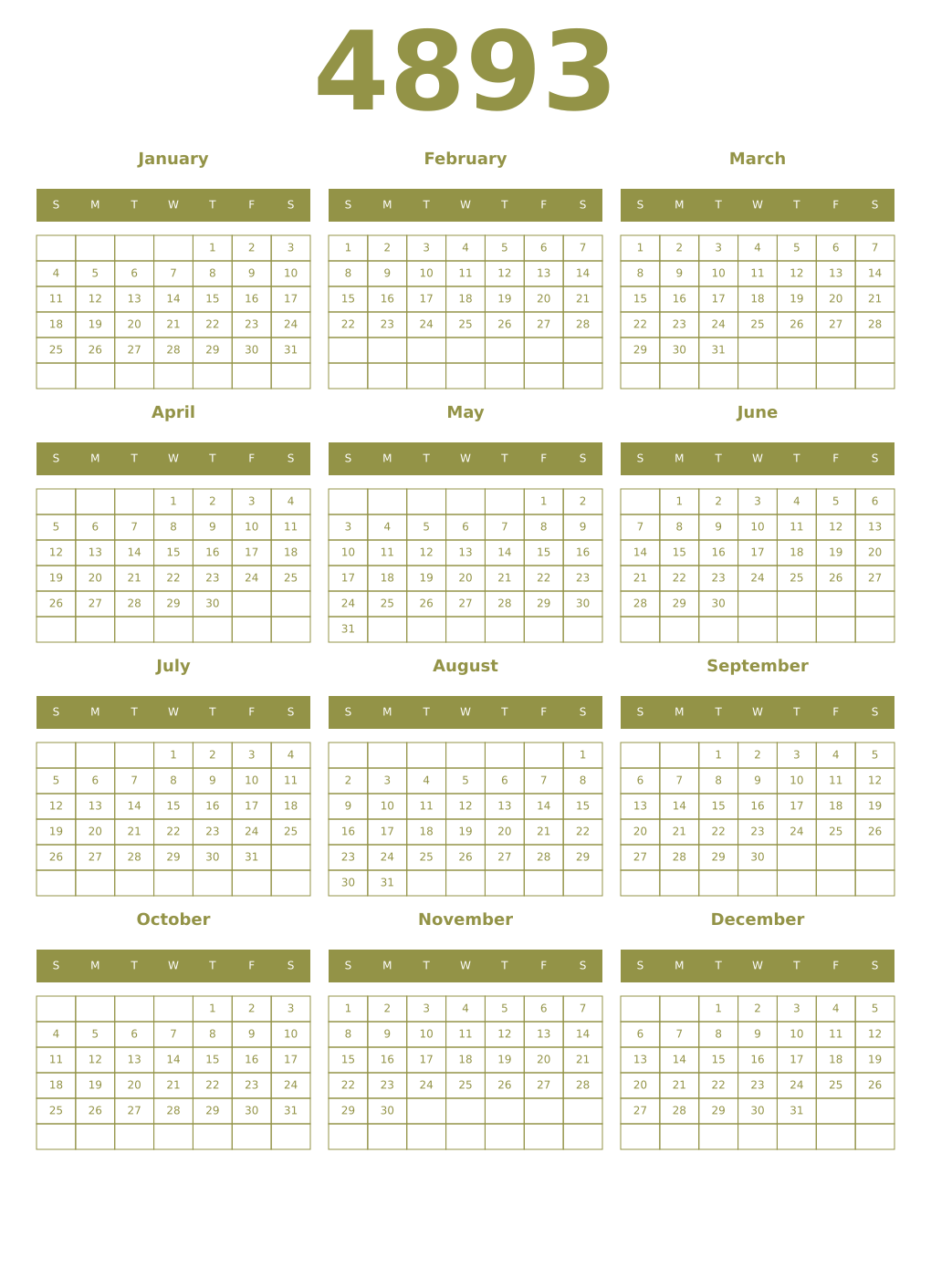 Printable 4893 Year Calendars eburnean
