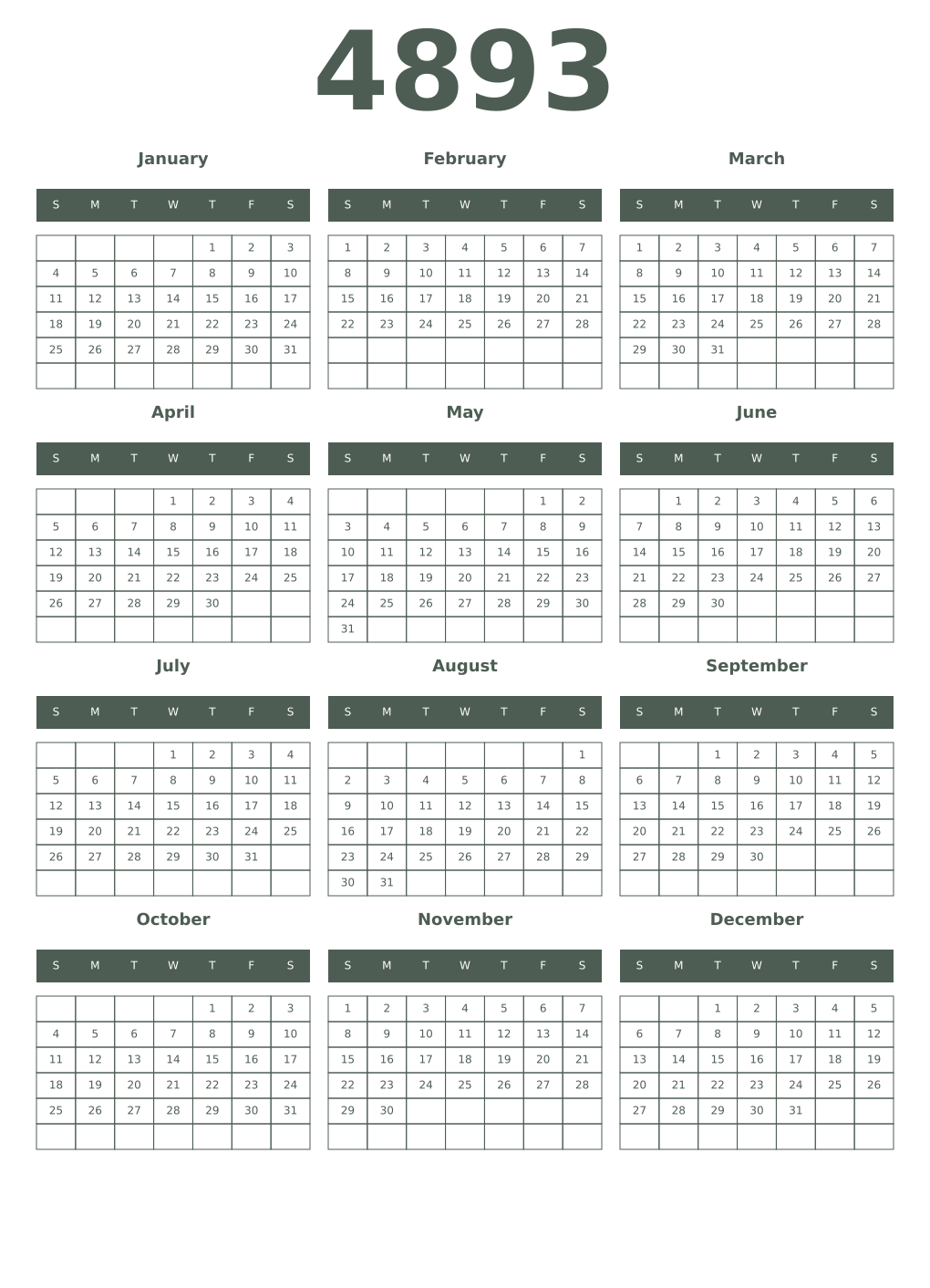 Printable 4893 Year Calendars feldgrau