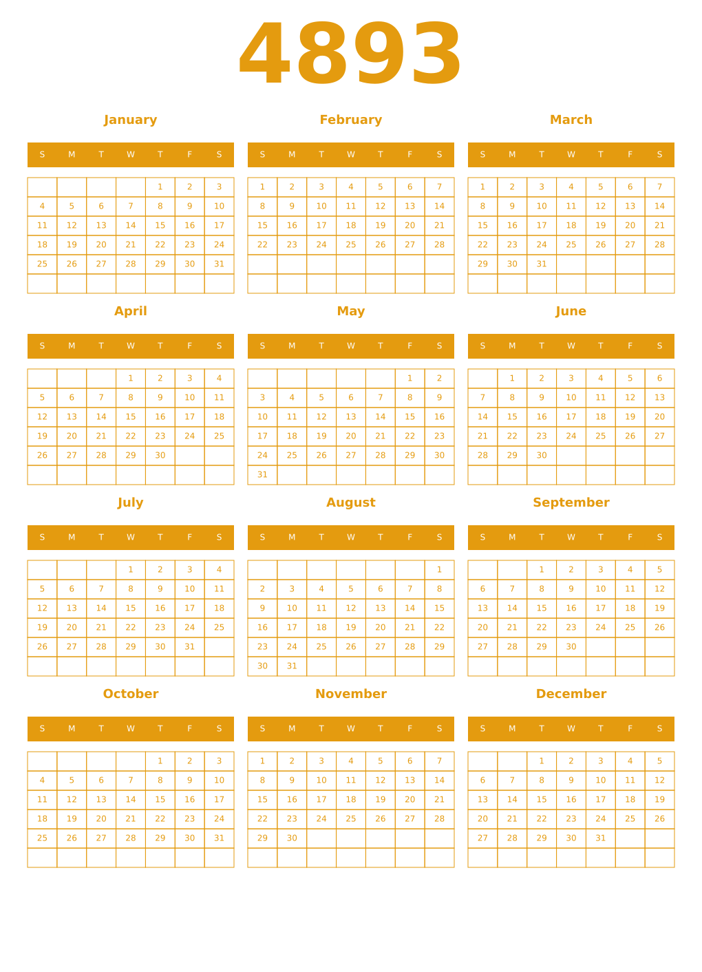 Printable 4893 Year Calendars gamboge