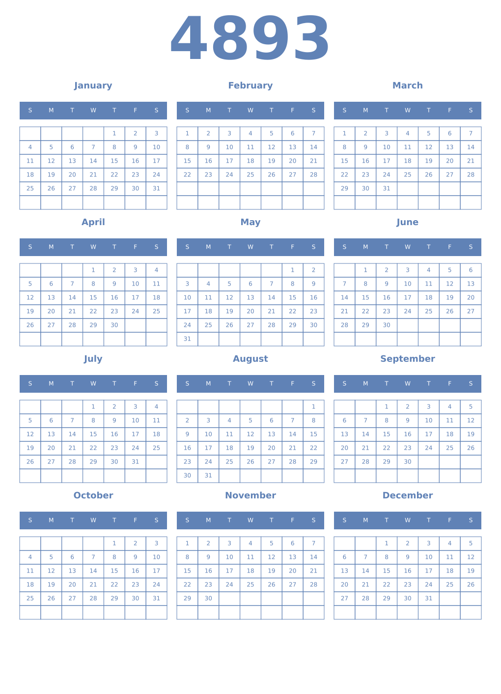 Printable 4893 Year Calendars glaucous