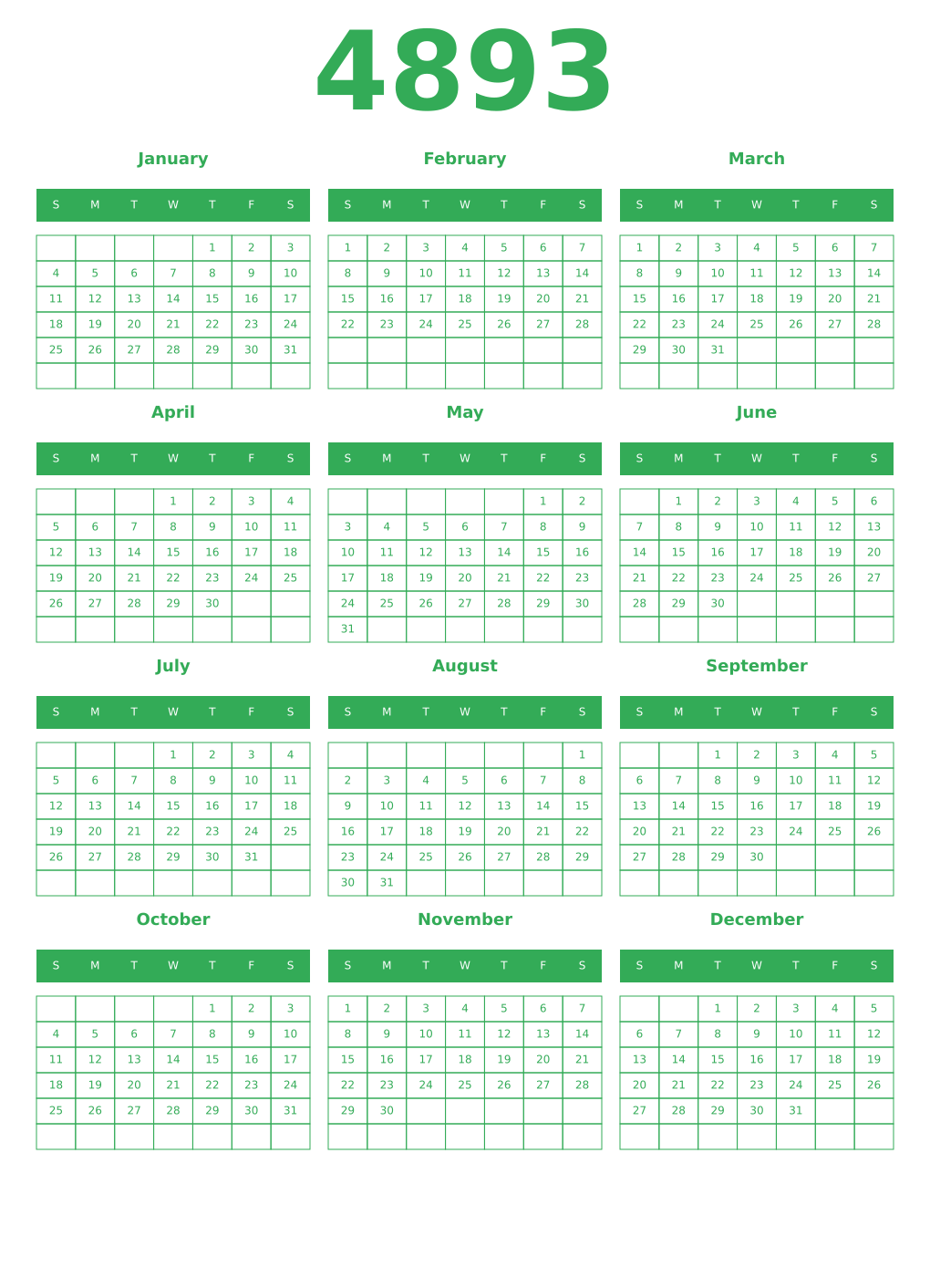 Printable 4893 Year Calendars green