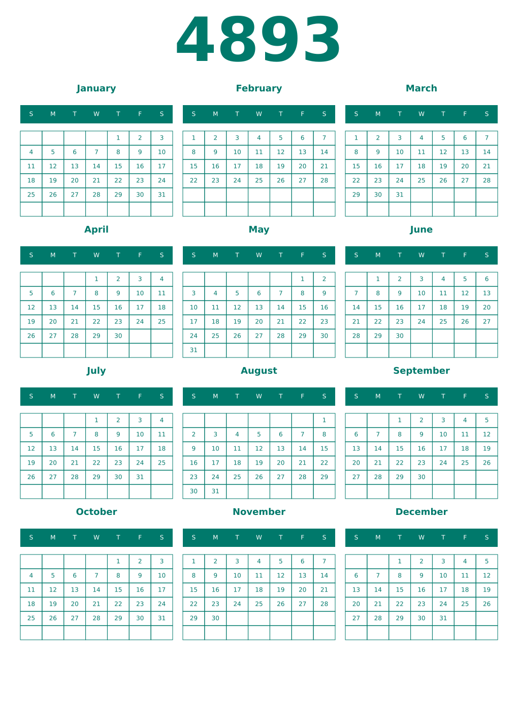 Printable 4893 Year Calendars pastel