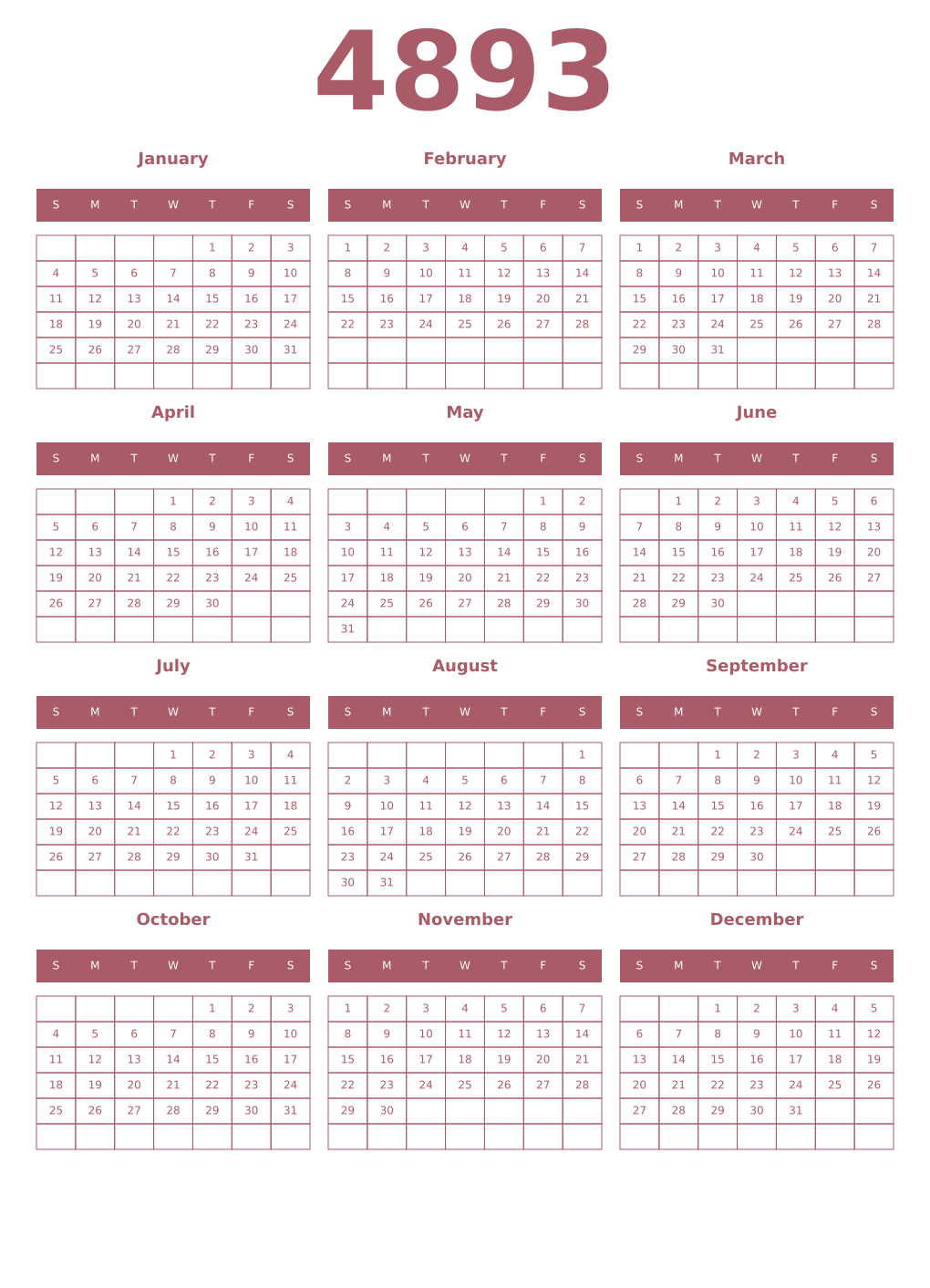 Printable 4893 Year Calendars puce