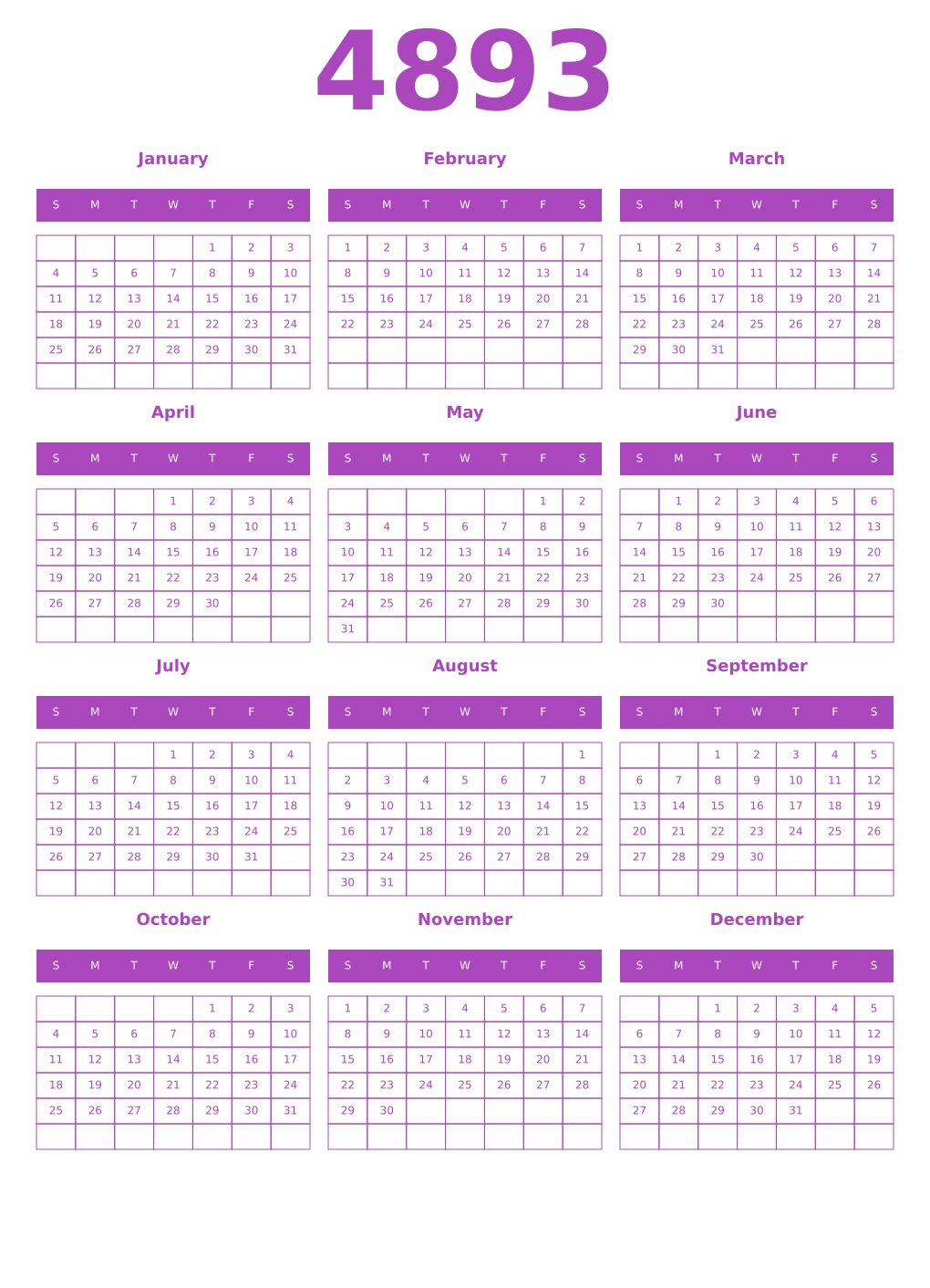 Printable 4893 Year Calendars purple