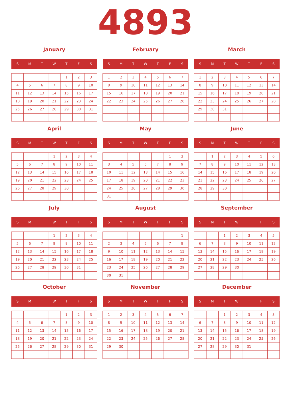 Printable 4893 Year Calendars red