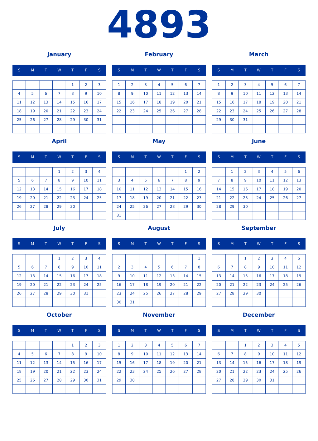 Printable 4893 Year Calendars smalt