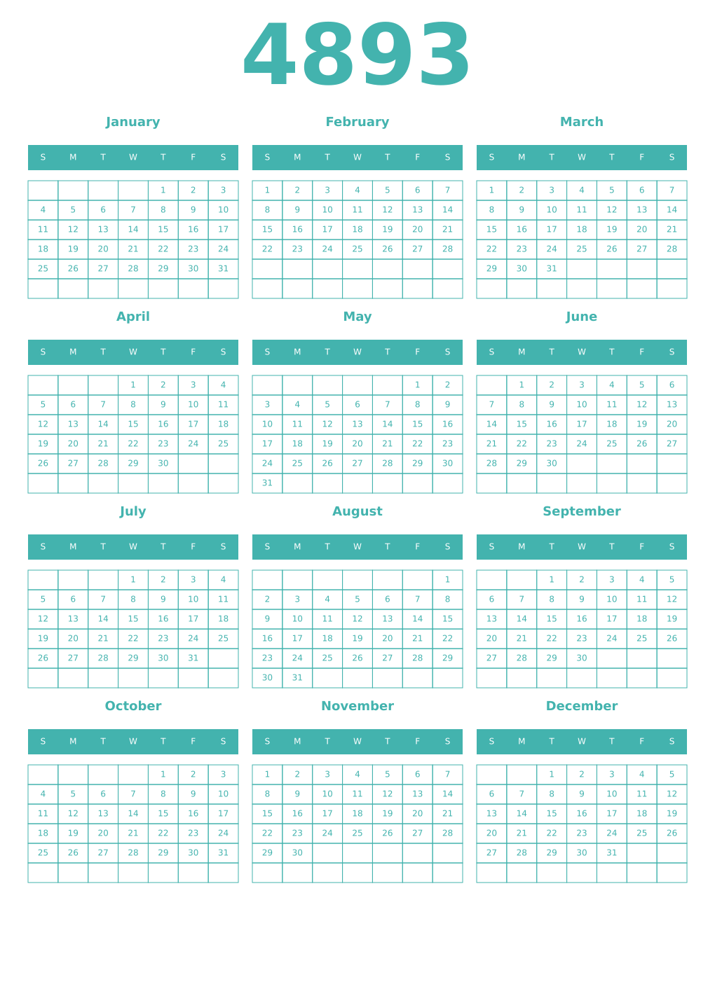 Printable 4893 Year Calendars verdigris