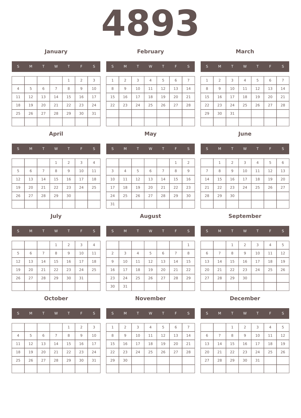Printable 4893 Year Calendars wenge