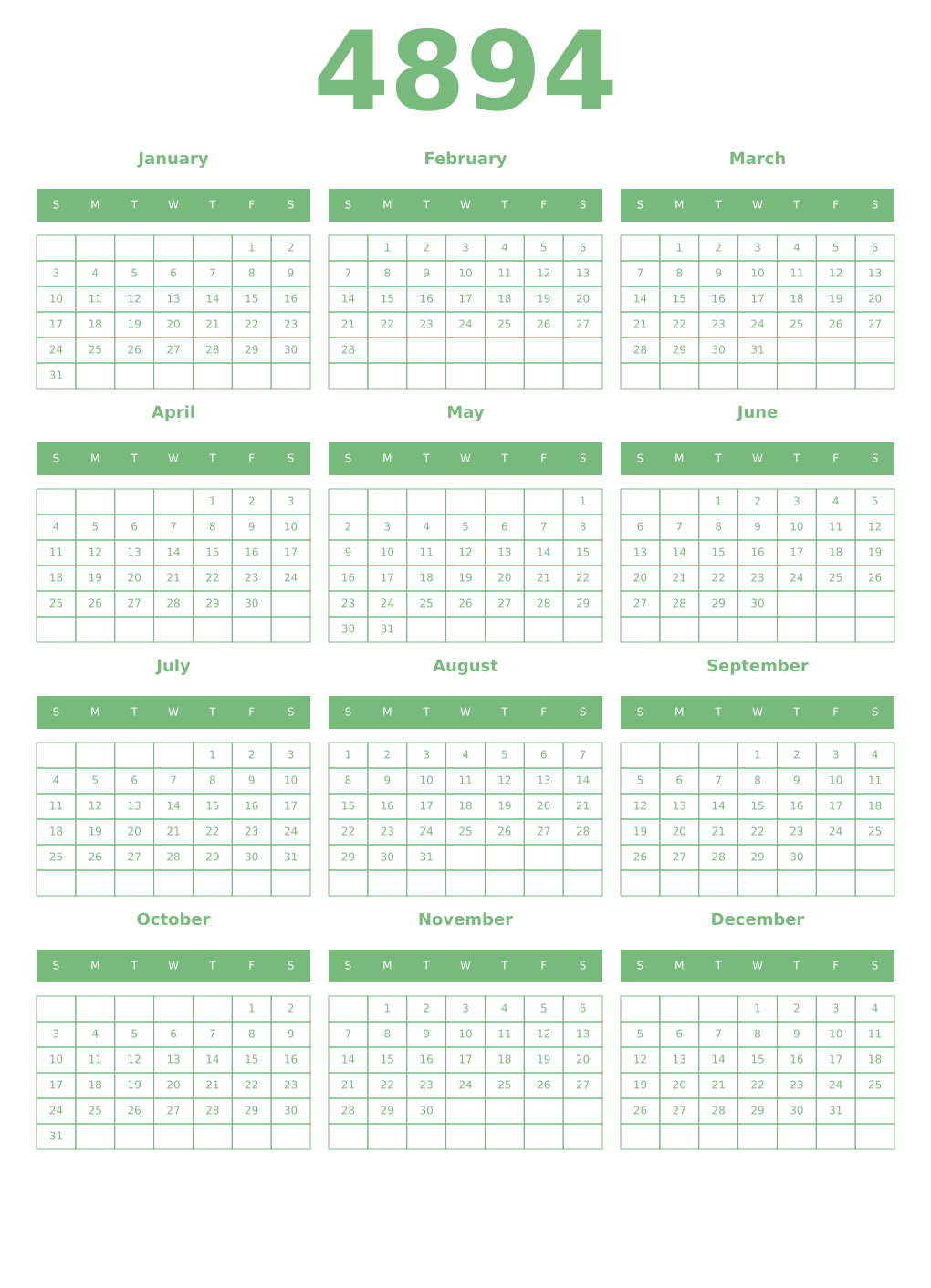 Printable 4894 Year Calendars celadon