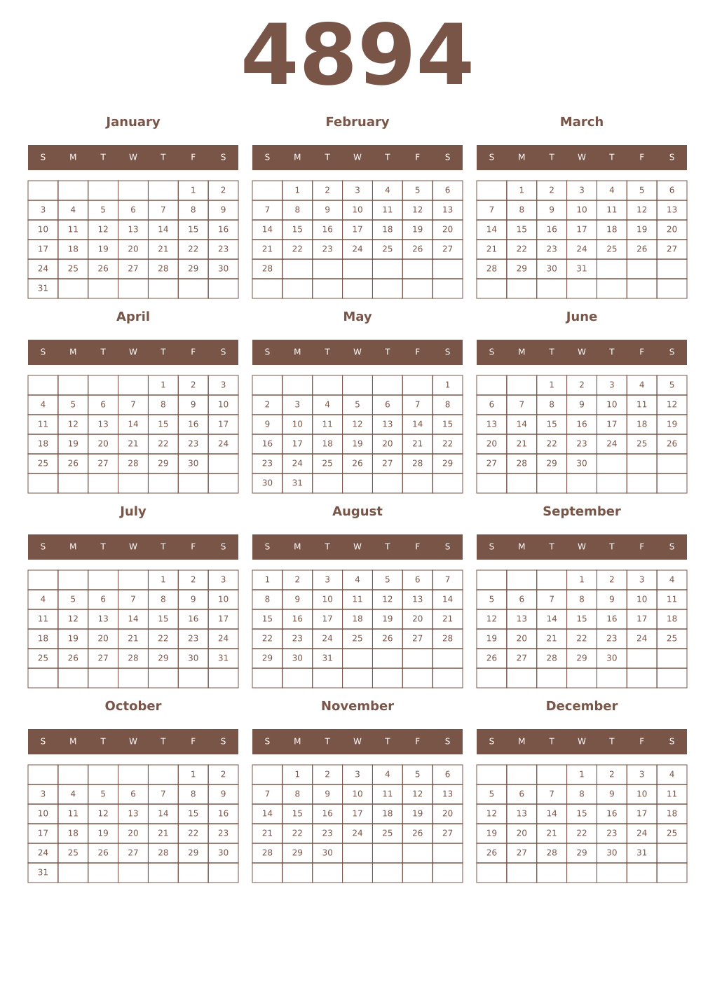 Printable 4894 Year Calendars coffe