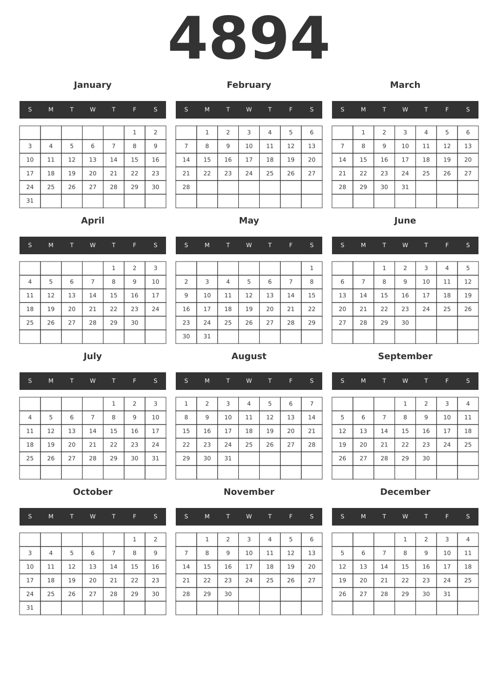 Printable 4894 Year Calendars dark