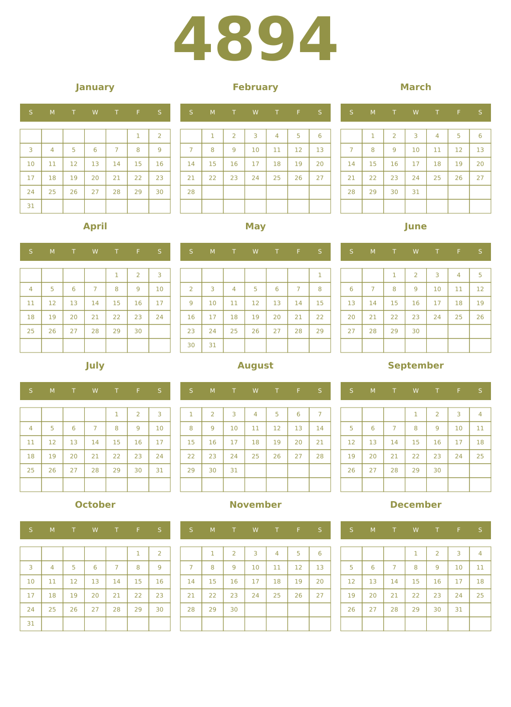 Printable 4894 Year Calendars eburnean
