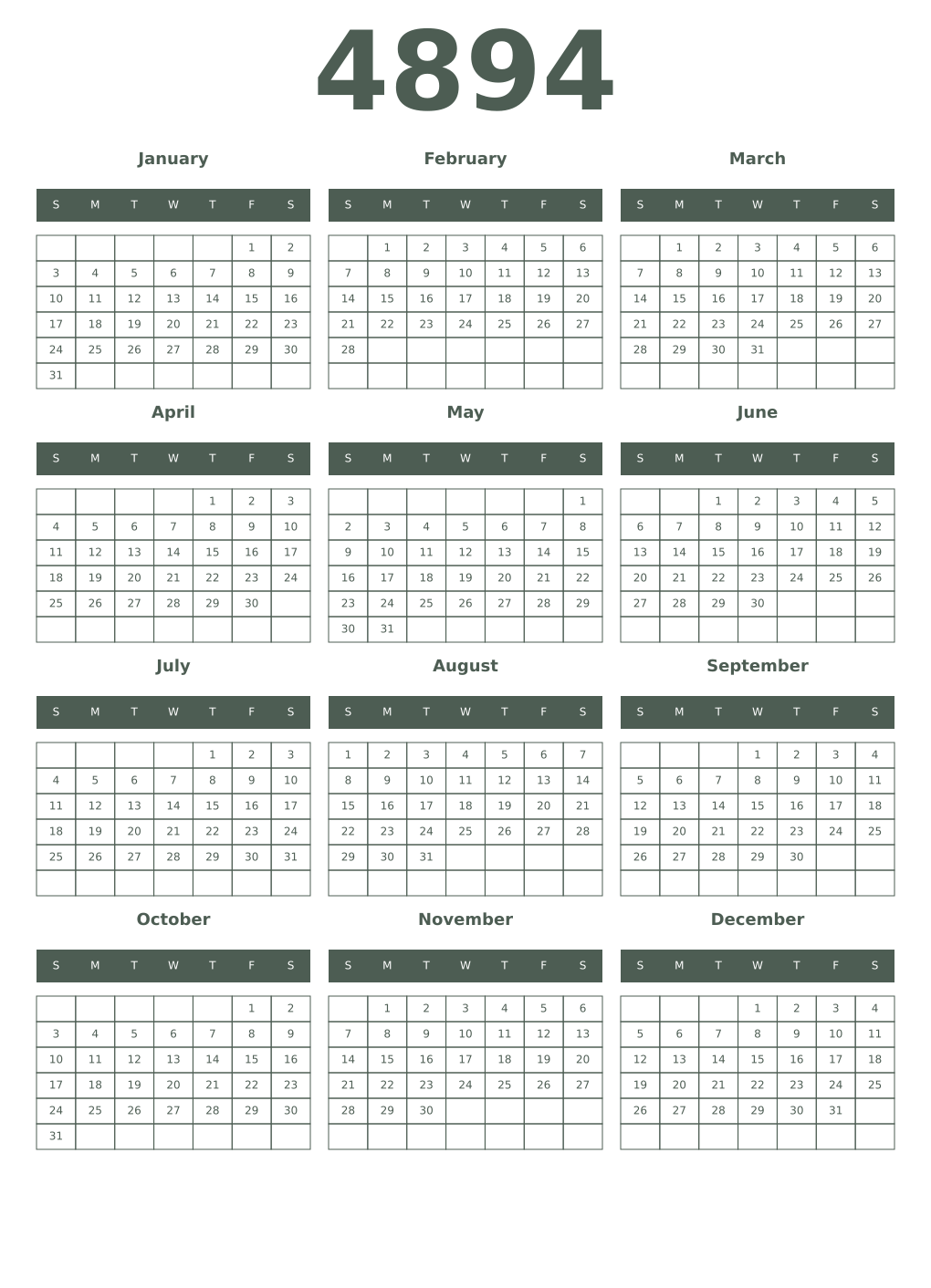 Printable 4894 Year Calendars feldgrau