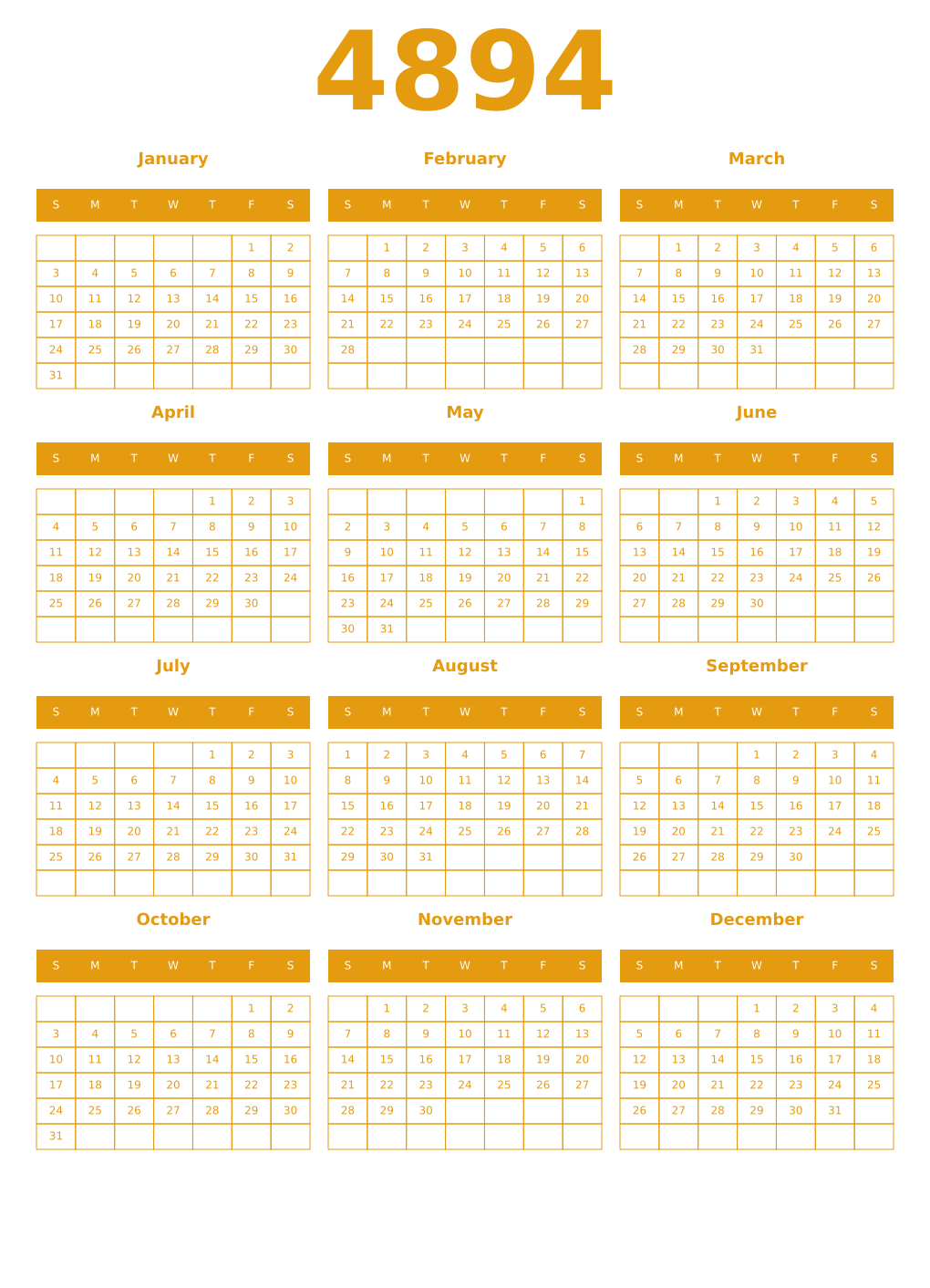 Printable 4894 Year Calendars gamboge