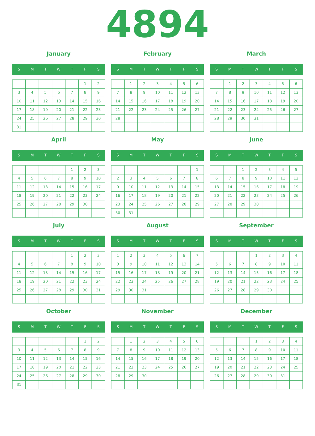 Printable 4894 Year Calendars green