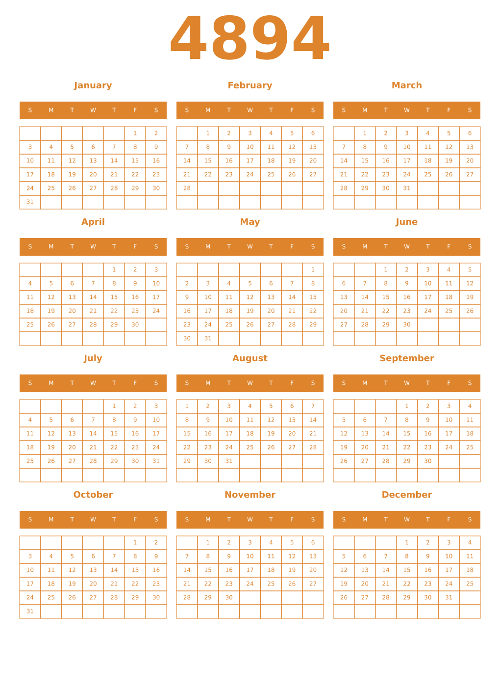 Printable 4894 Year Calendars orange