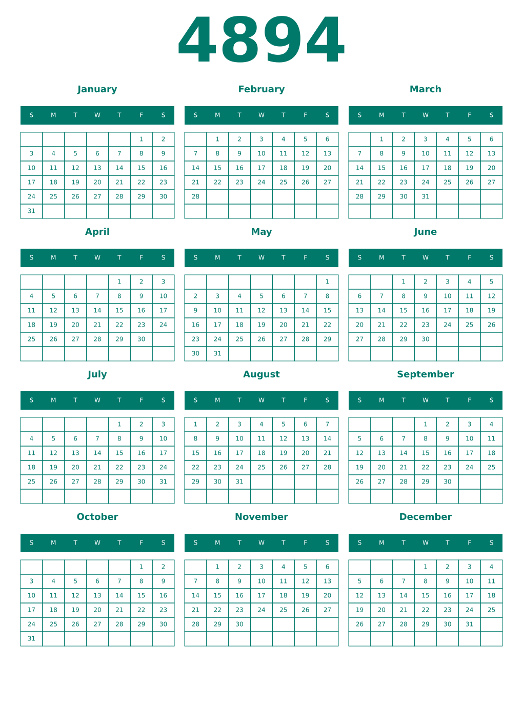 Printable 4894 Year Calendars pastel