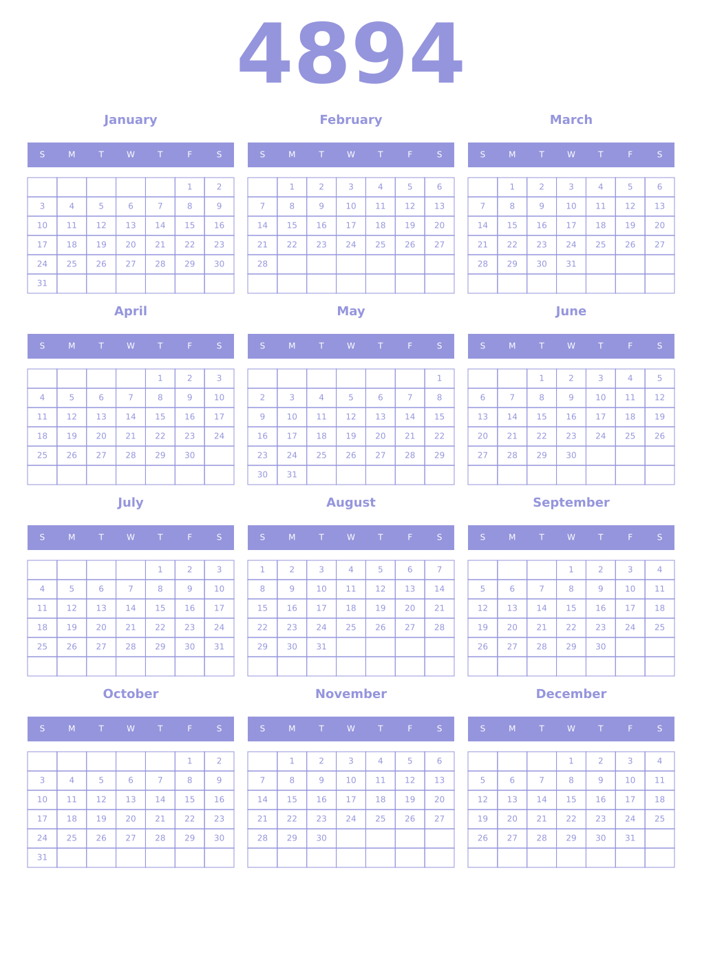 Printable 4894 Year Calendars periwinkle