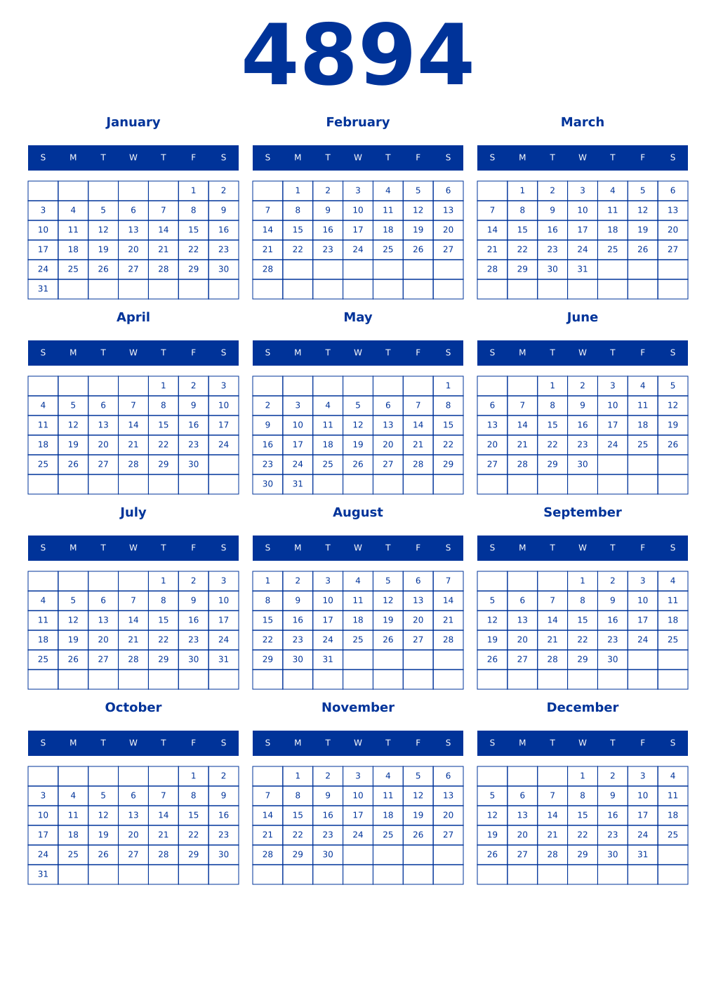 Printable 4894 Year Calendars smalt