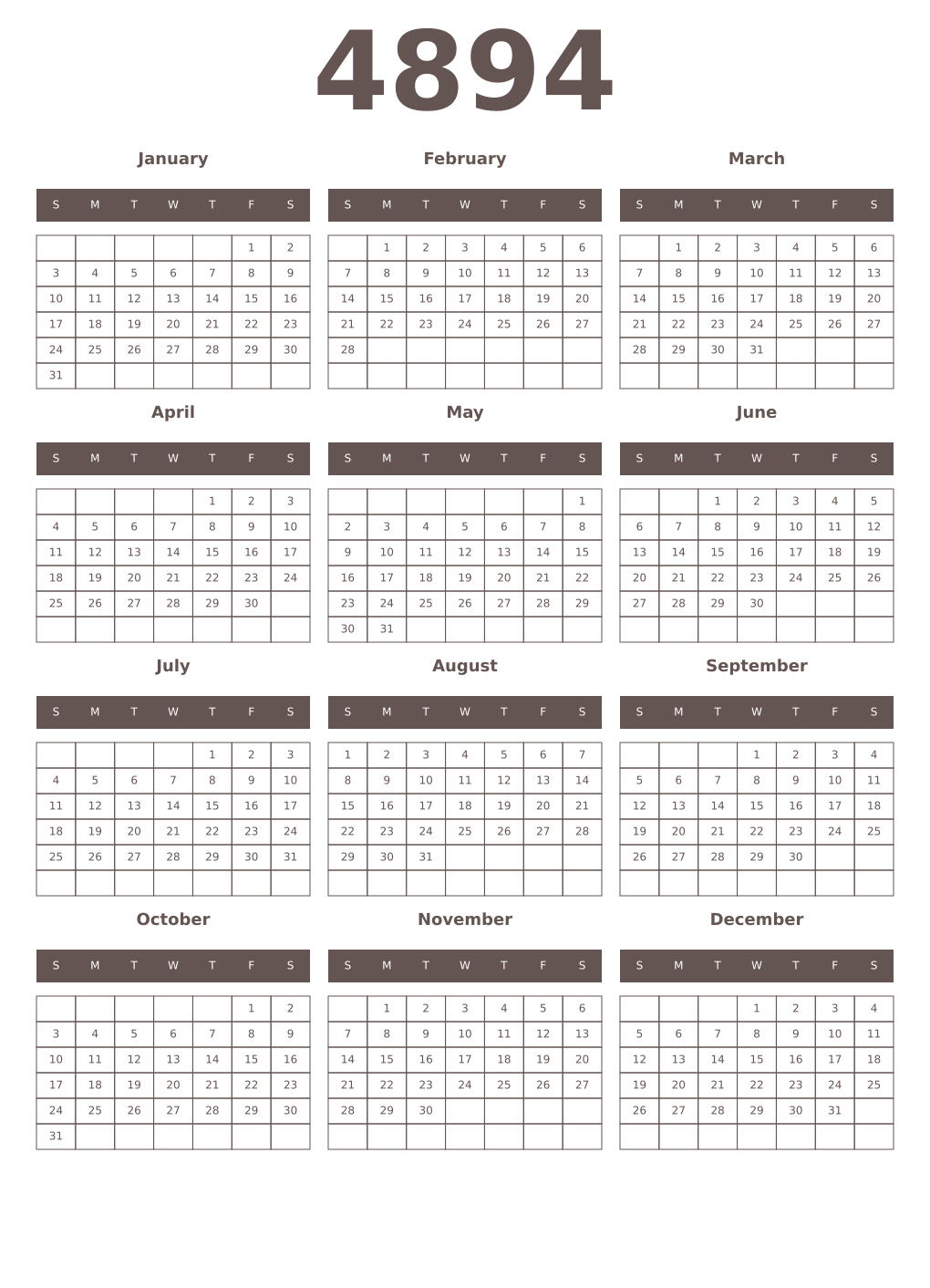 Printable 4894 Year Calendars wenge