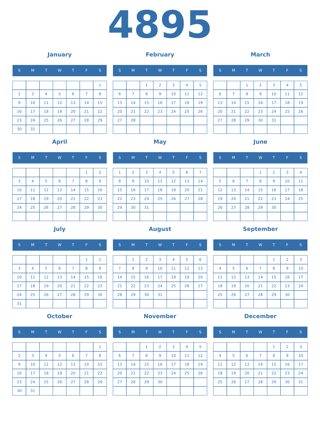 Printable 4895 Year Calendars blue