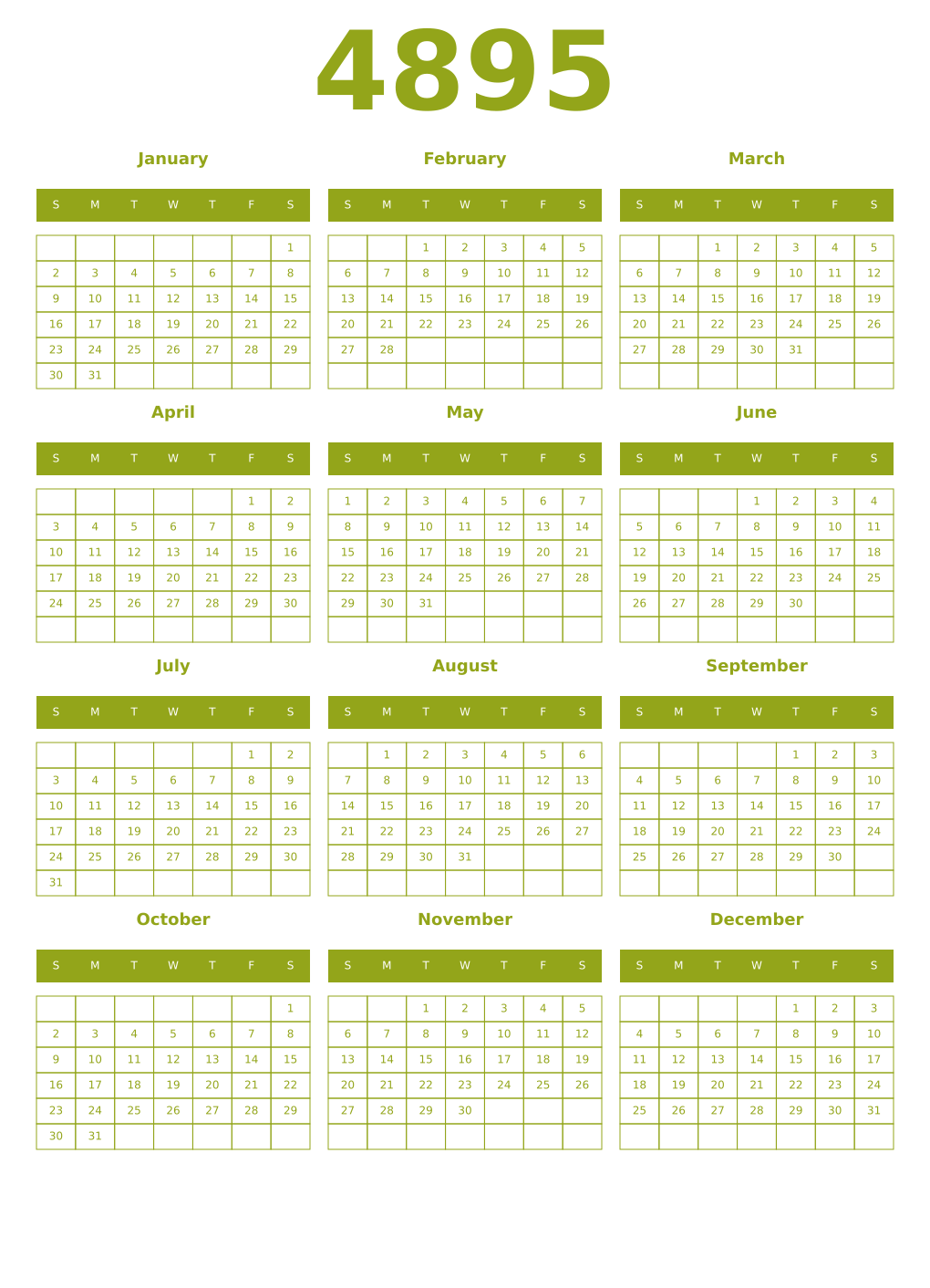 Printable 4895 Year Calendars chartreuse