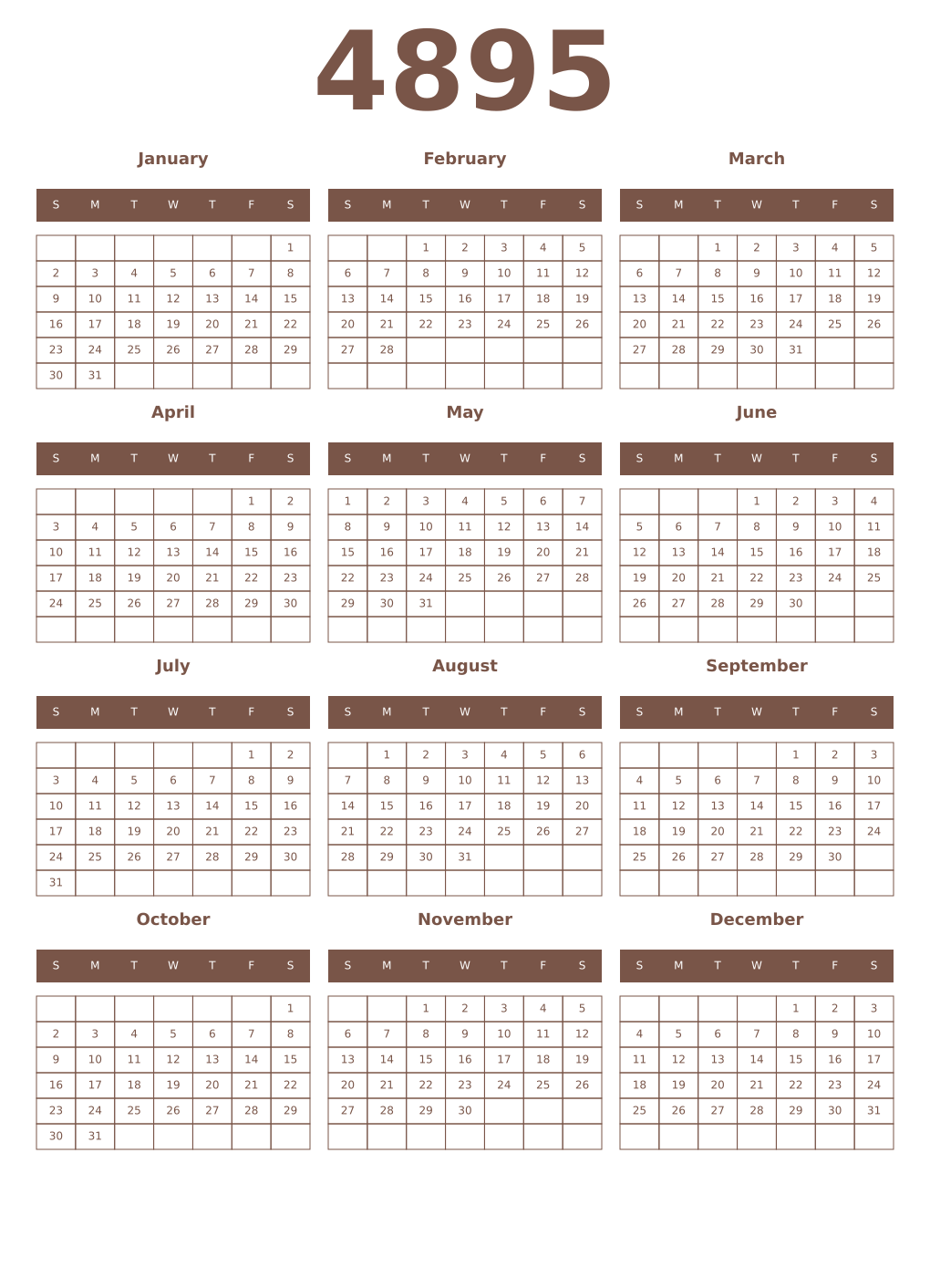 Printable 4895 Year Calendars coffe