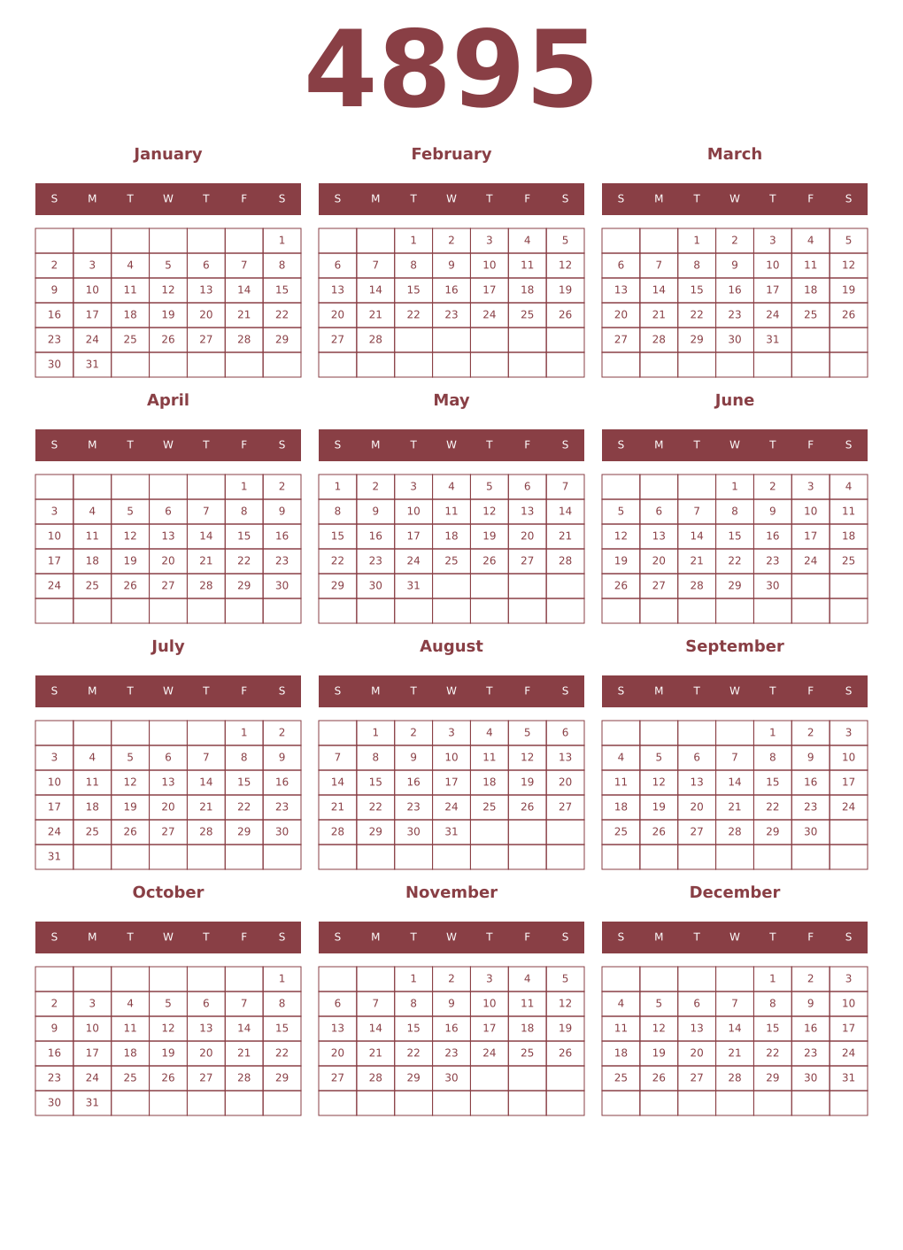 Printable 4895 Year Calendars cordovan