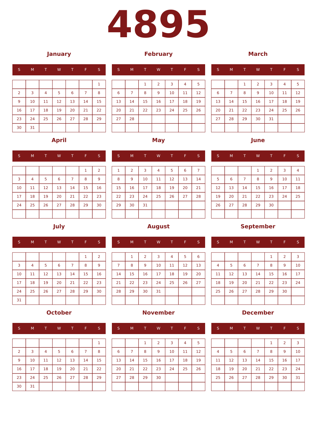 Printable 4895 Year Calendars falu