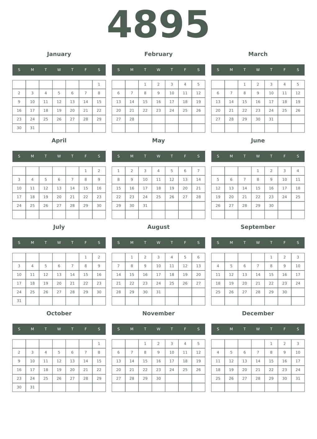 Printable 4895 Year Calendars feldgrau