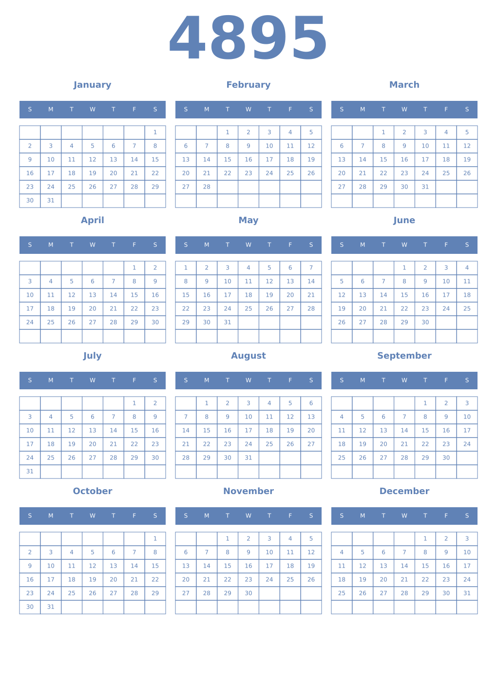 Printable 4895 Year Calendars glaucous