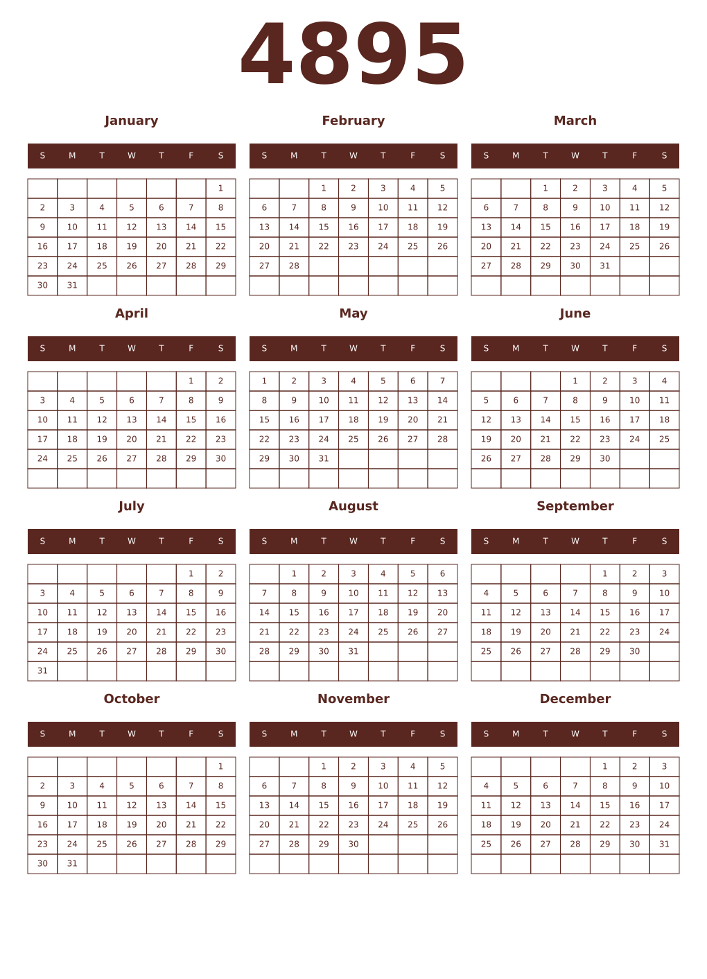 Printable 4895 Year Calendars mortuum