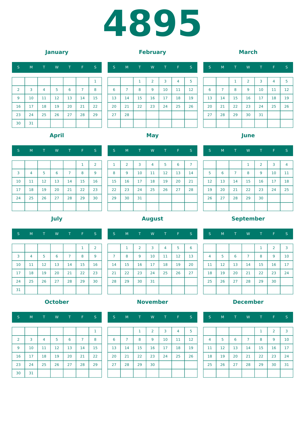 Printable 4895 Year Calendars pastel