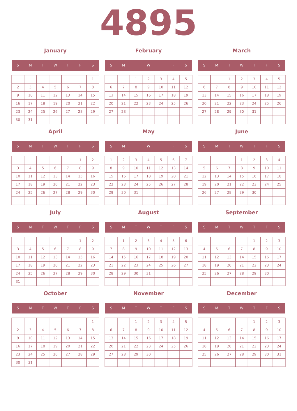 Printable 4895 Year Calendars puce