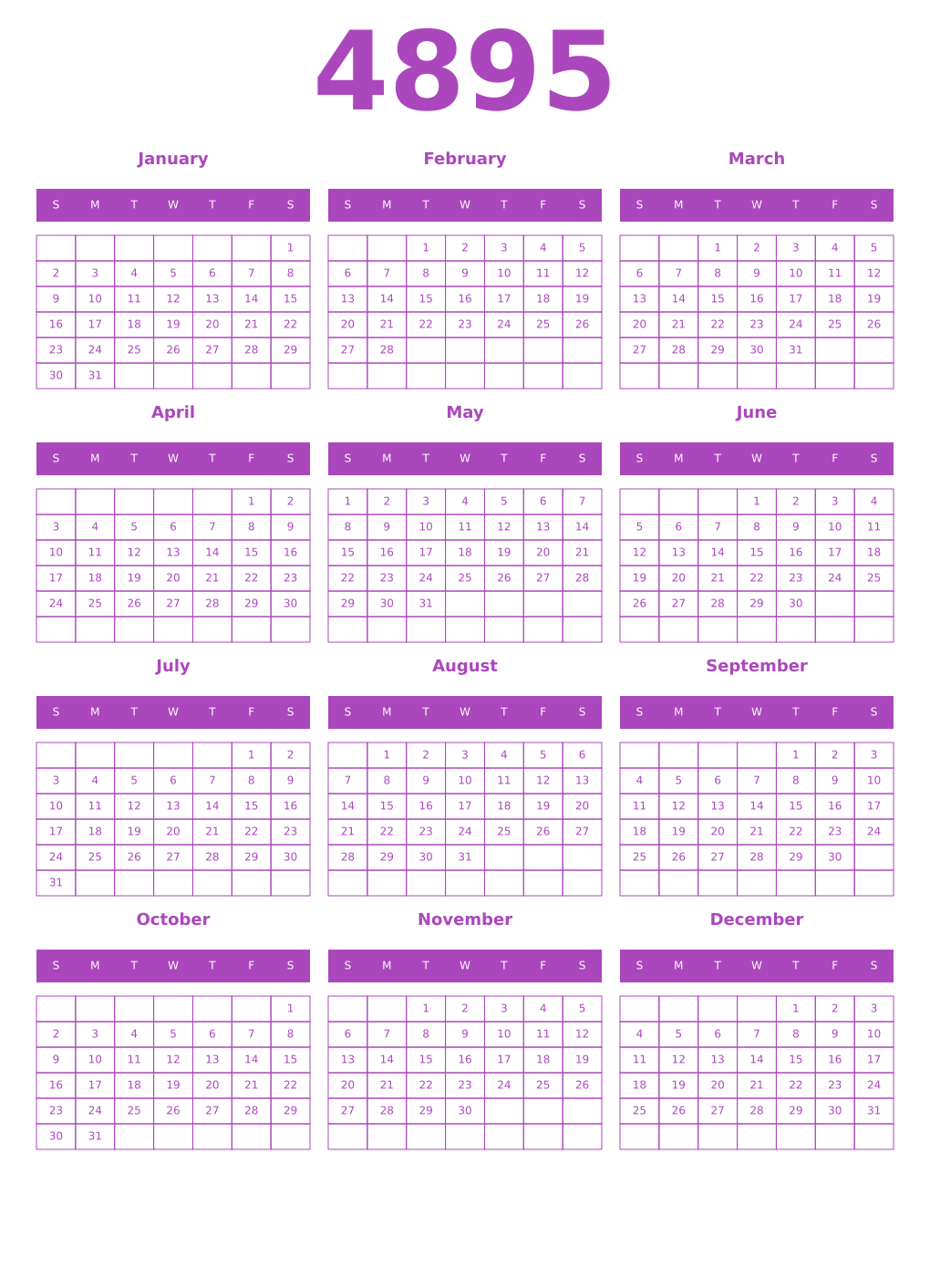 Printable 4895 Year Calendars purple
