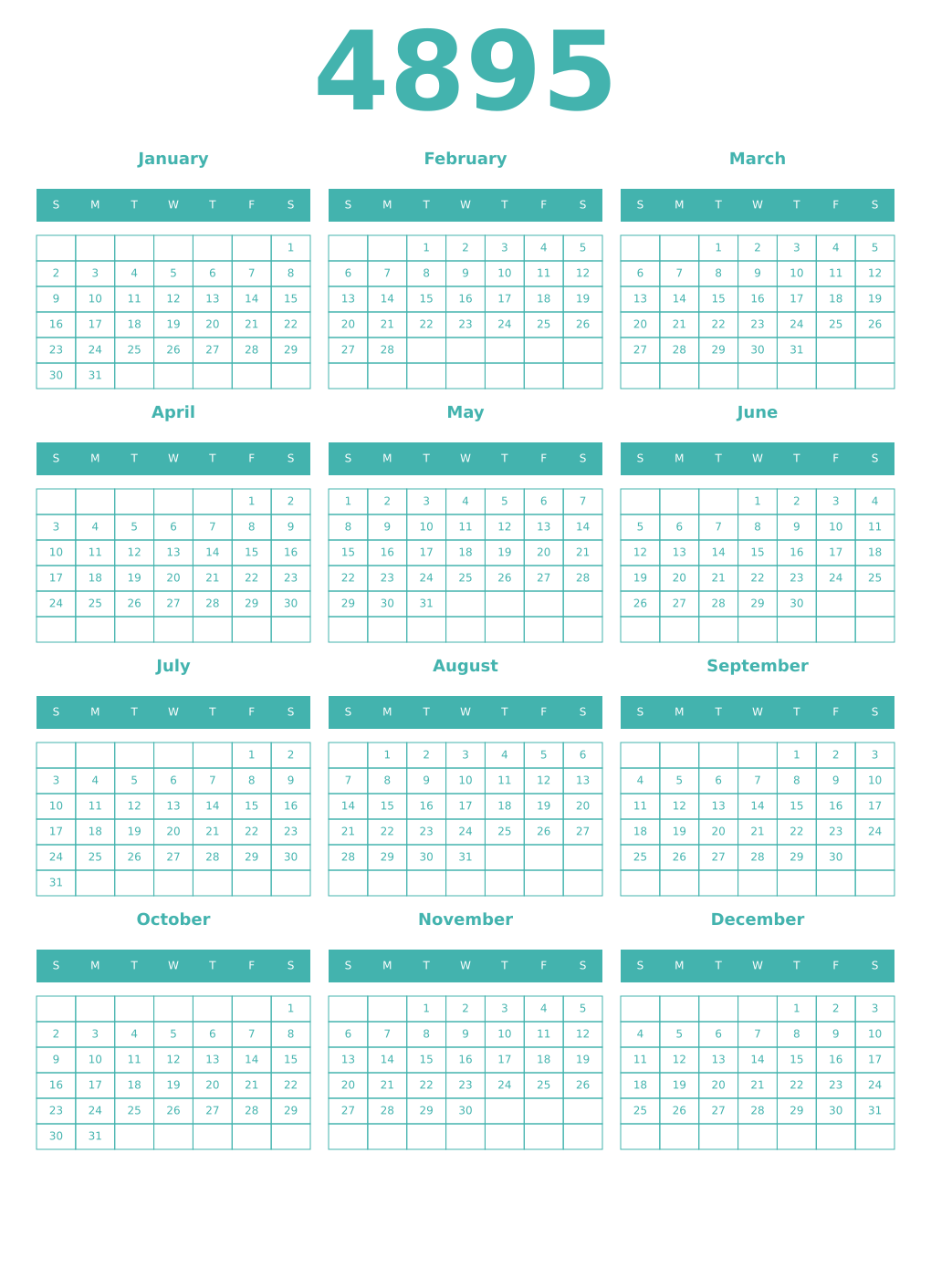 Printable 4895 Year Calendars verdigris