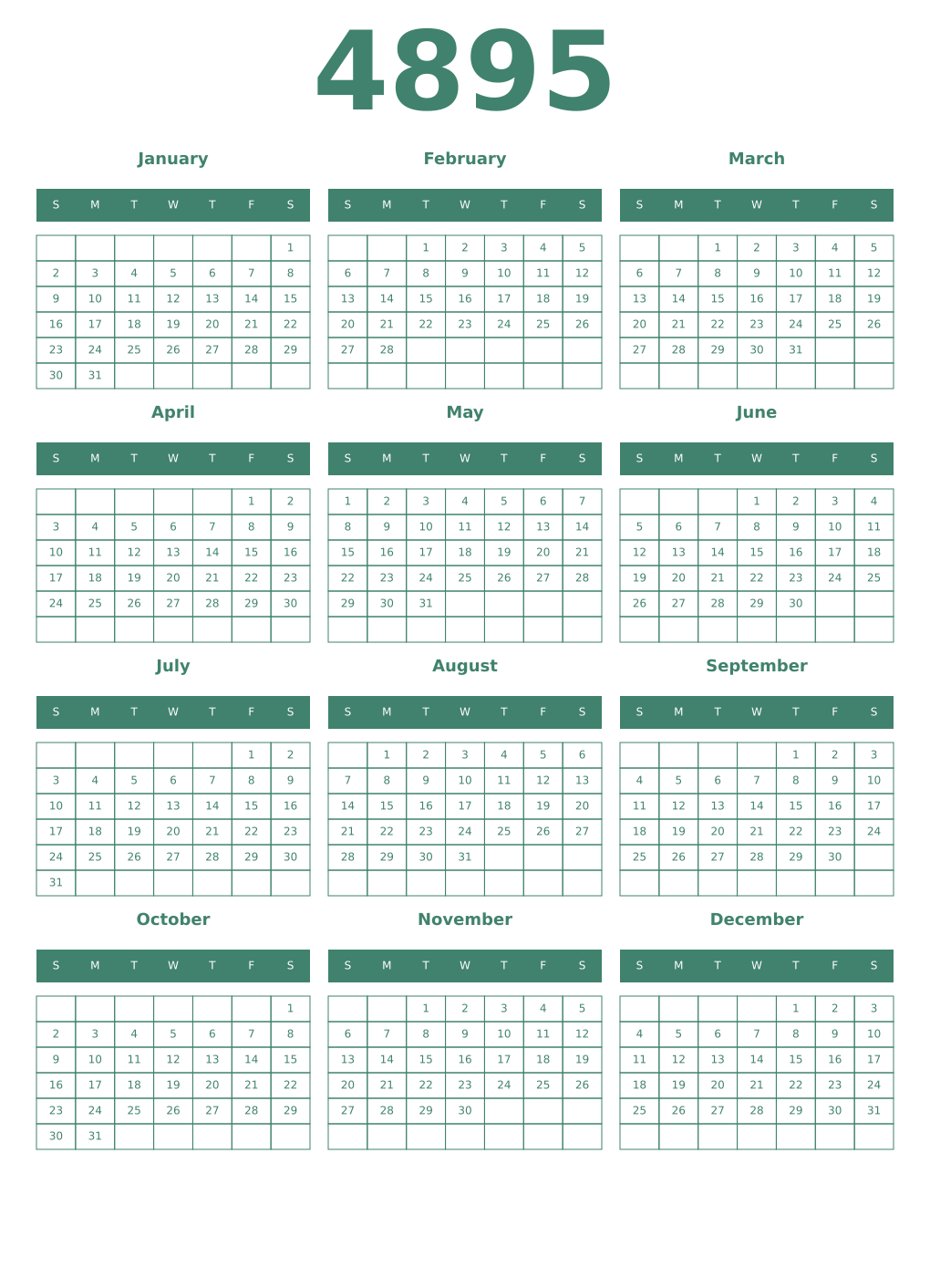 Printable 4895 Year Calendars viridian