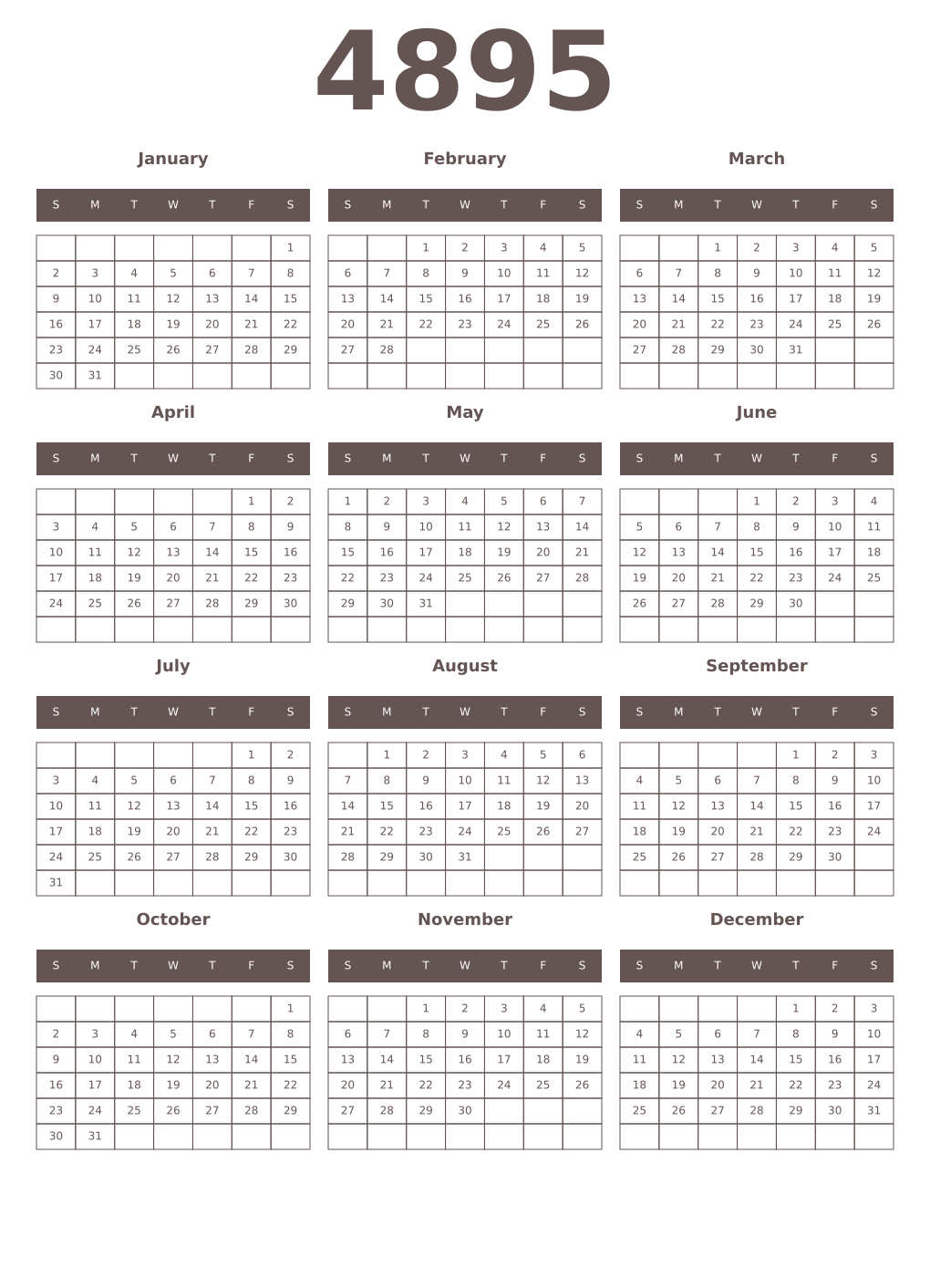 Printable 4895 Year Calendars wenge