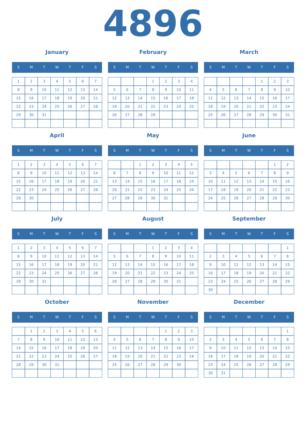 Printable 4896 Year Calendars blue