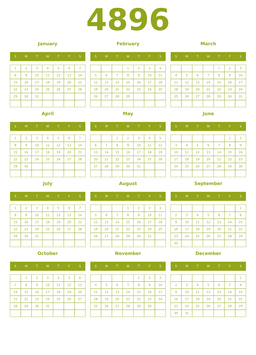 Printable 4896 Year Calendars chartreuse